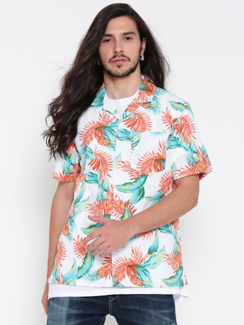

FOREVER 21 Men White & Green Tropical Print Casual Shirt
