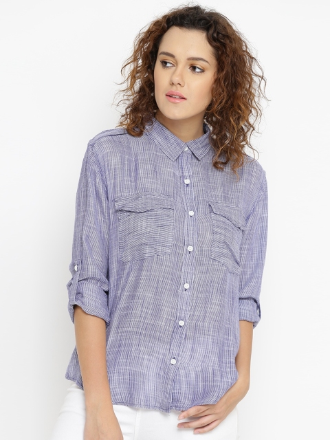 

FOREVER 21 Women Navy & White Regular Fit Striped Casual Shirt, Navy blue