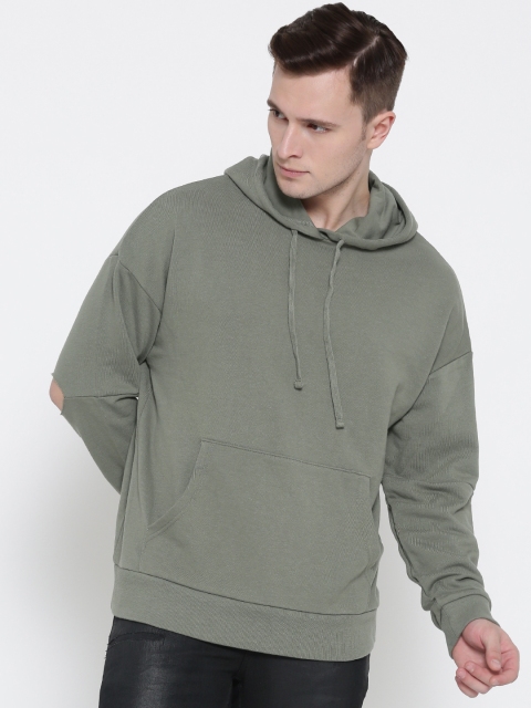 

FOREVER 21 Men Olive Green Solid Hooded Sweatshirt