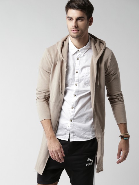 

FOREVER 21 Men Beige Solid Longline Hooded Sweatshirt