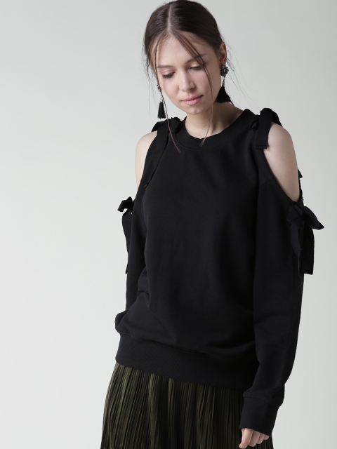 

FOREVER 21 Women Black Solid Cold Shoulder Sweatshirt