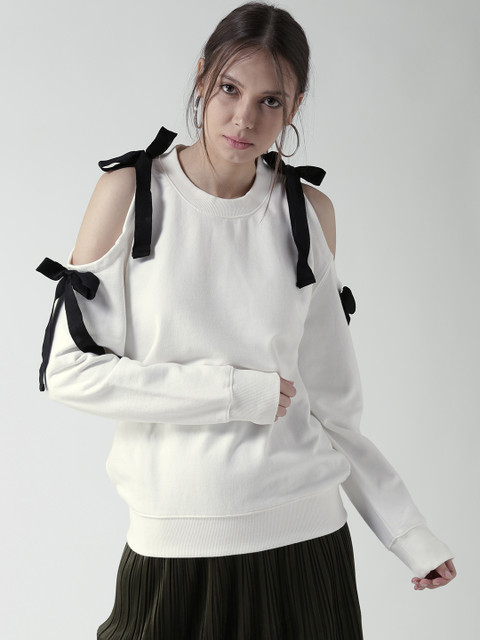 

FOREVER 21 Women White Solid Cold Shoulder Sweatshirt