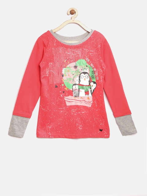 

Blue Giraffe Girls Coral Red Printed Round Neck T-shirt