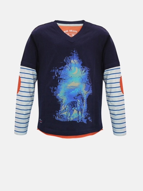 

Blue Giraffe Boys Navy Blue Printed V-Neck T-shirt