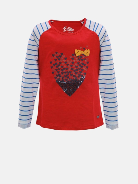 

Blue Giraffe Girls Red Printed Round Neck T-shirt