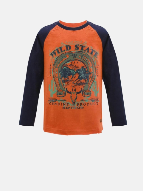 

Blue Giraffe Boys Orange Printed Round Neck T-shirt