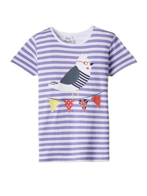 

Blue Giraffe Girls White & Mauve Striped Round Neck T-shirt