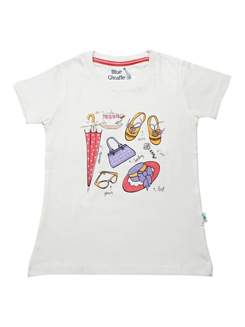 

Blue Giraffe Girls White Printed Round Neck T-shirt