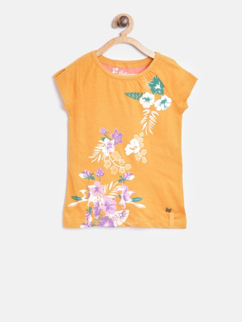 

Blue Giraffe Girls Mustard Yellow Floral Print Round Neck T-shirt