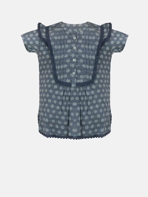 

Blue Giraffe Girls Blue Printed Pure Cotton Top