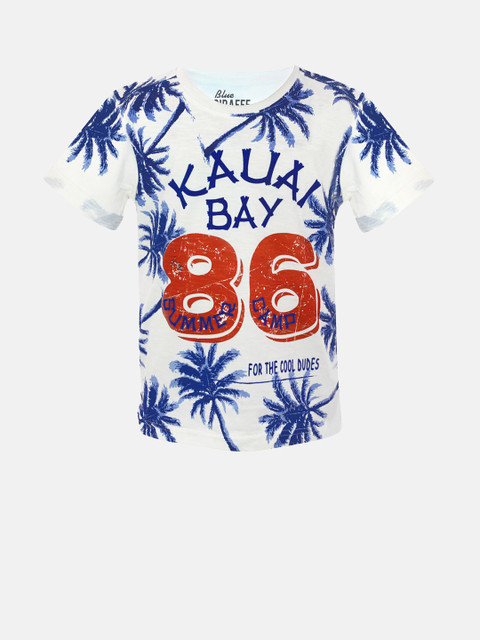 

Blue Giraffe Boys Off-White & Blue Printed Round Neck T-shirt