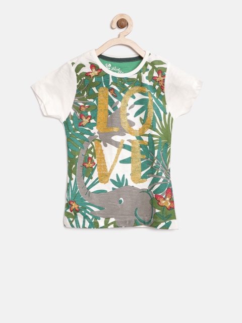 

Blue Giraffe Girls Green & Off-White Printed Round Neck T-shirt