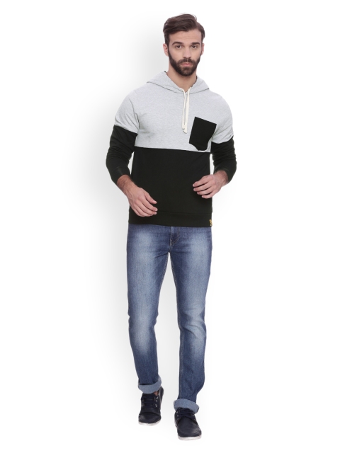 

Campus Sutra Men Grey Melange & Black Colourblocked Hooded Sweatshirt