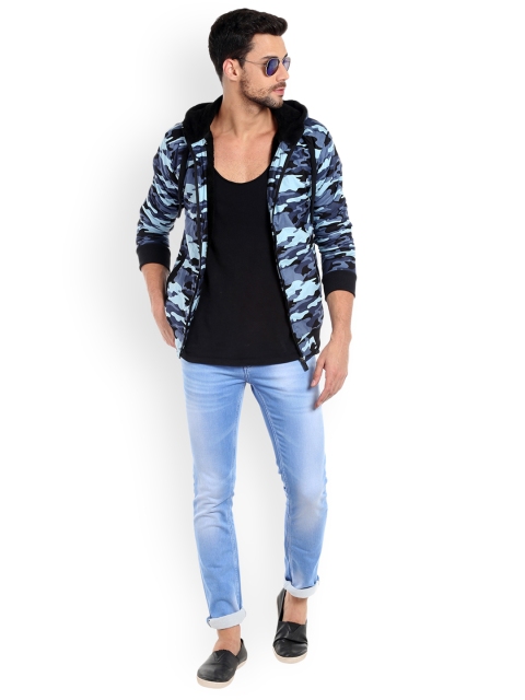 

Campus Sutra Men Blue Printed Hooded Bomber Jacket