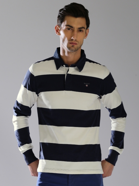 

GANT Men Off-White & Blue Striped Polo Collar T-shirt