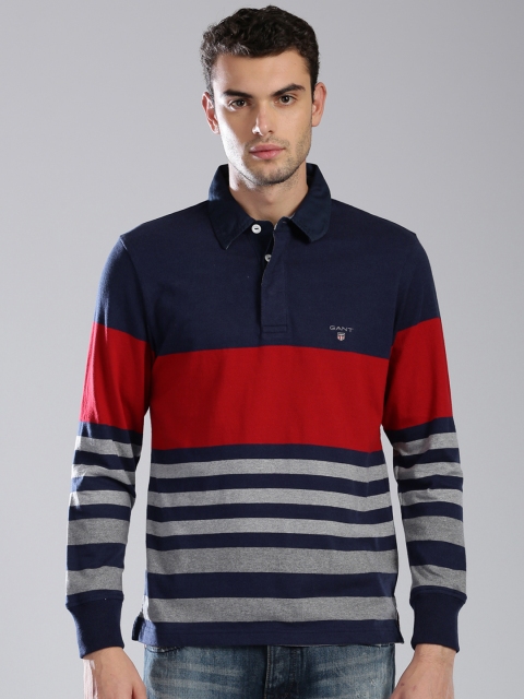 

GANT Men Navy & Red Striped Polo Collar T-shirt, Navy blue