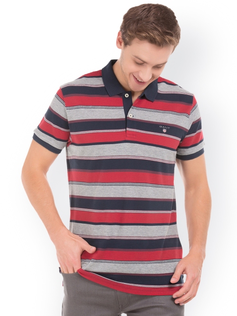 

GANT Men Blue & Grey Pure Cotton Striped Polo Collar T-shirt