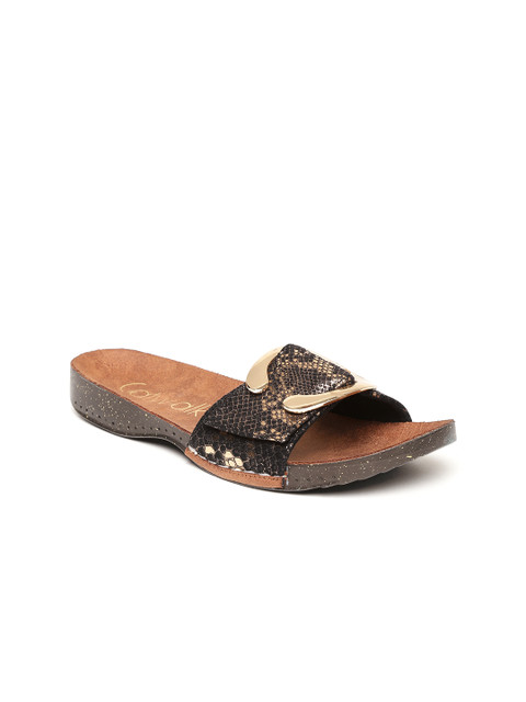 

Catwalk Women Black & Gold-Toned Printed Open Toe Flats