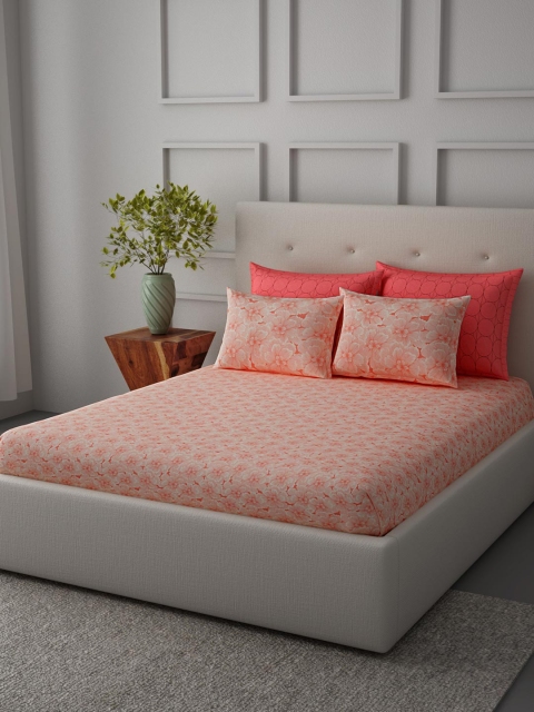 

SPACES Coral Pink Cotton 330 TC Fine Double Bedsheet with 4 Pillow Covers