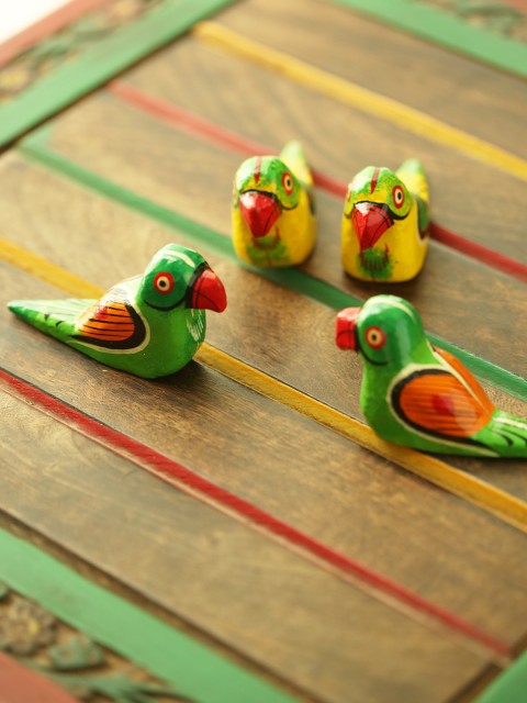 

ExclusiveLane Multicoloured Set of 4 Handmade & Hand-Painted Wooden Parrot Showpiece, Multi