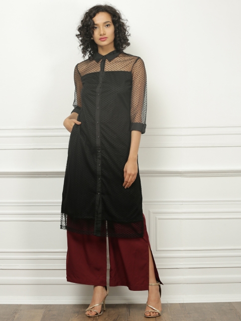 

all about you Women Black Woven Design A-Line Kurta
