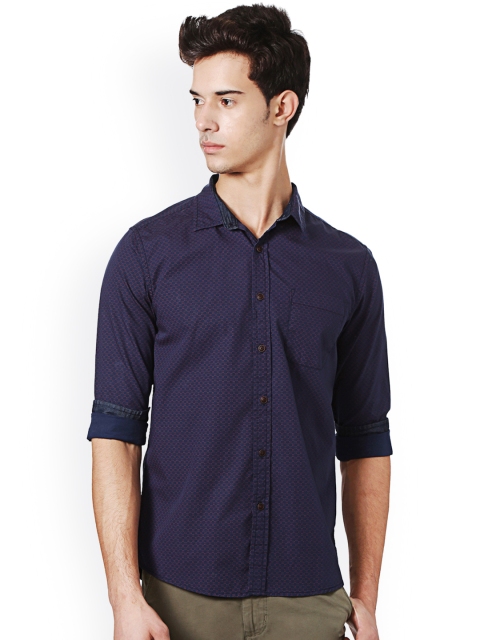 

People Men Navy Blue Slim Fit Printed Casual Shirt