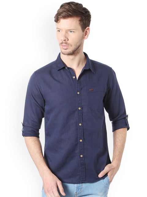 

Navy Blue Slim Fit Solid Casual Shirt