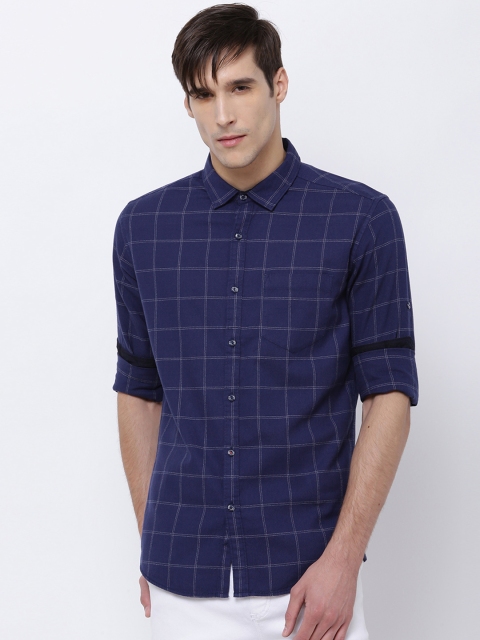 

LOCOMOTIVE Men Navy Blue Slim Fit Checked Casual Shirt