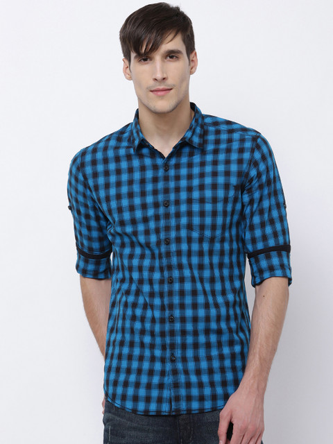 

LOCOMOTIVE Men Blue & Navy Blue Slim Fit Checked Casual Shirt