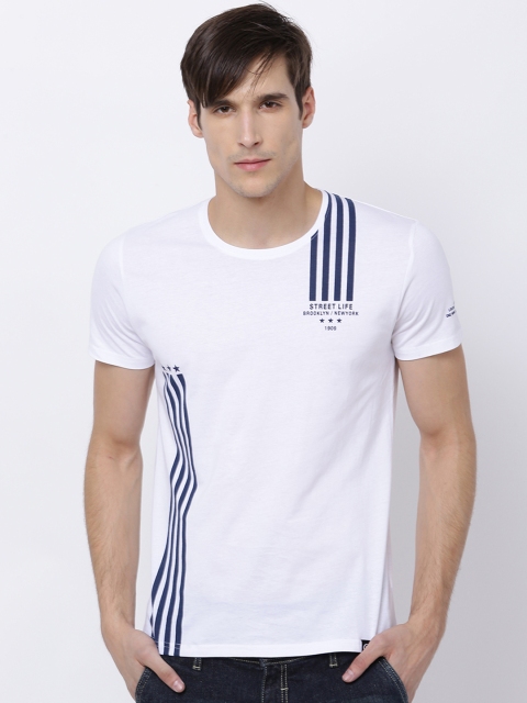 

LOCOMOTIVE Men White & Navy Striped & Printed Slim Fit T-shirt