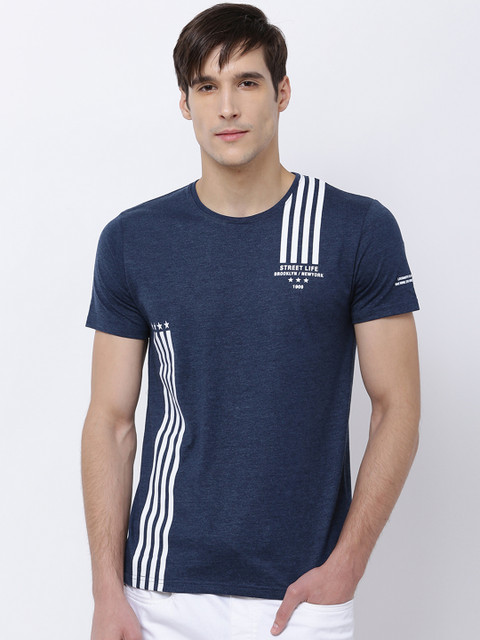 

LOCOMOTIVE Men Navy & White Striped & Printed Slim Fit T-shirt, Navy blue