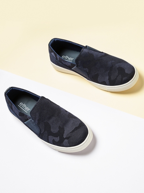 

ether Men Navy Blue Patterned Slip-On Sneakers