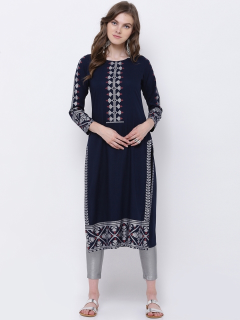 

Vishudh Women Navy Blue Straight Kurta with Printed Detail