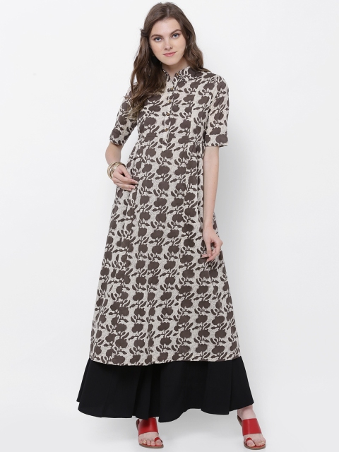 

Vishudh Women Cream & Taupe Printed A-Line Kurta