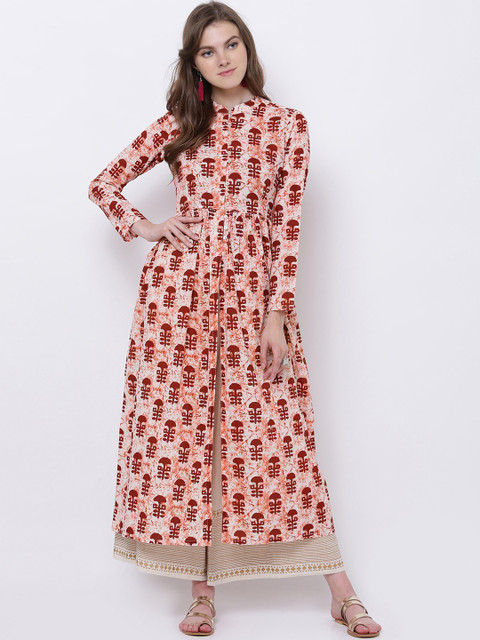 

Vishudh Women Cream-Coloured & Rust Red Printed A-Line Kurta