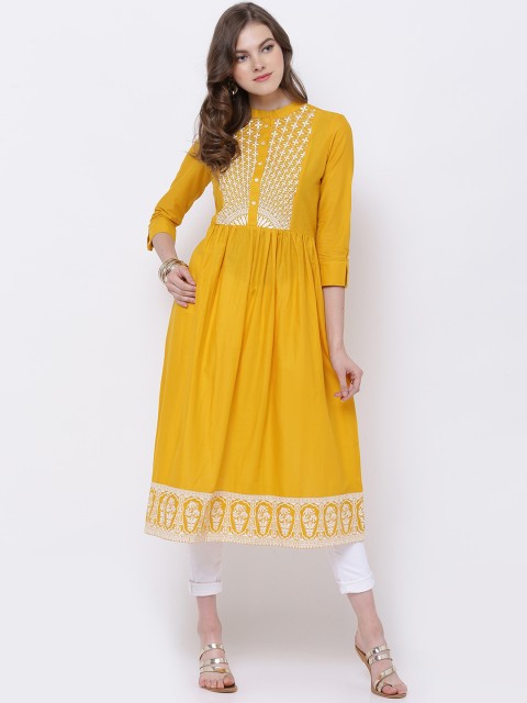 

Vishudh Women Mustard Yellow Printed A-Line Kurta