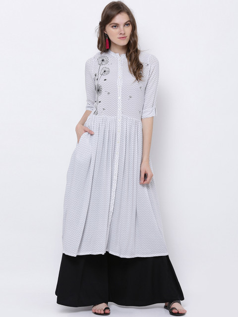 

Vishudh Women White & Grey Printed A-Line Kurta