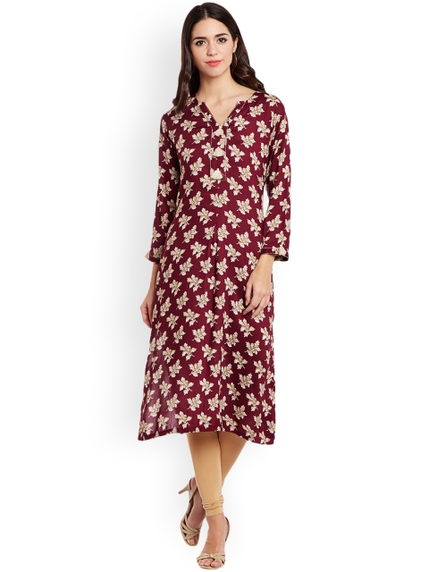

Tissu Women Burgundy & Beige Floral Print Straight Kurta