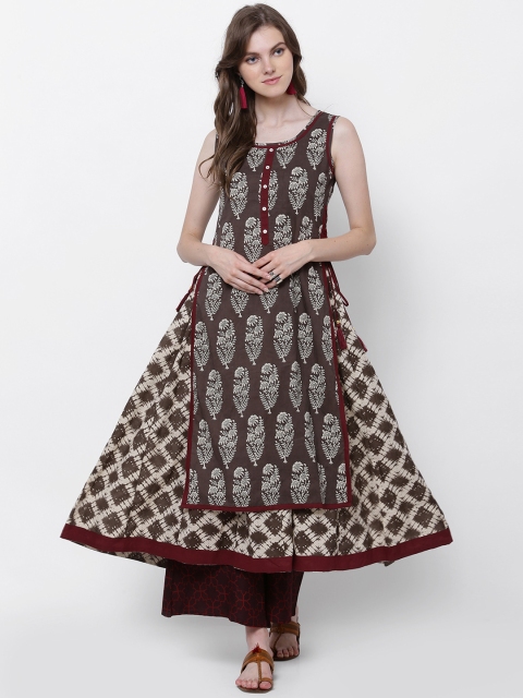 

Vishudh Women Cream-Coloured & Brown Printed Anarkali Kurta