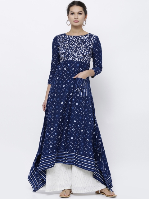 

Vishudh Women Navy Blue Printed A-Line Asymmetric Kurta