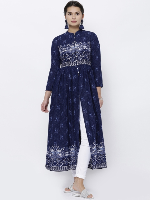 

Vishudh Women Navy Blue & White Printed A-Line Kurta