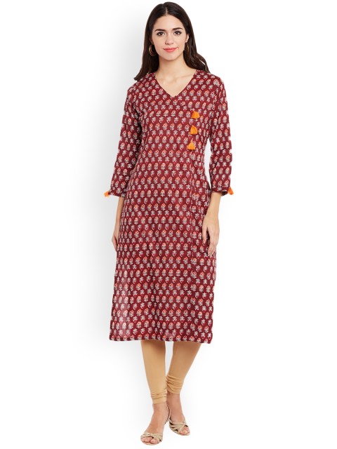

Tissu Women Maroon & Off-White Printed Angrakha Straight Kurta