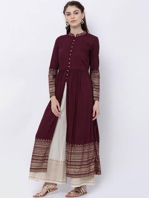 

Vishudh Women Wine-Coloured Solid A-Line Kurta, Burgundy