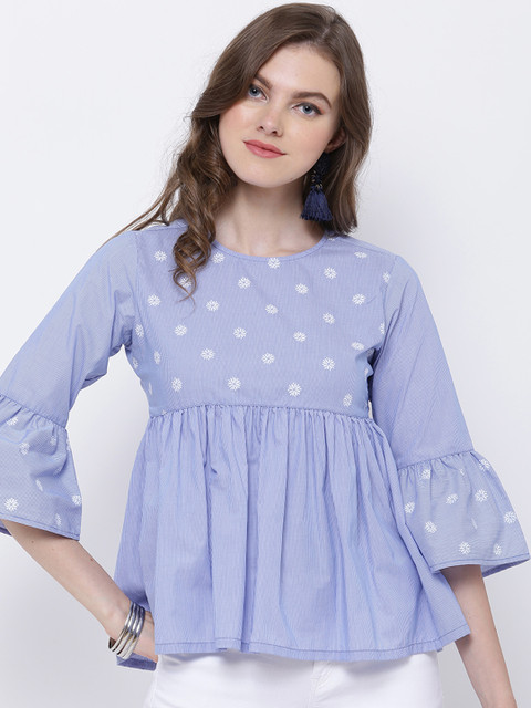 

Tokyo Talkies Women Blue Striped Empire Pure Cotton Top