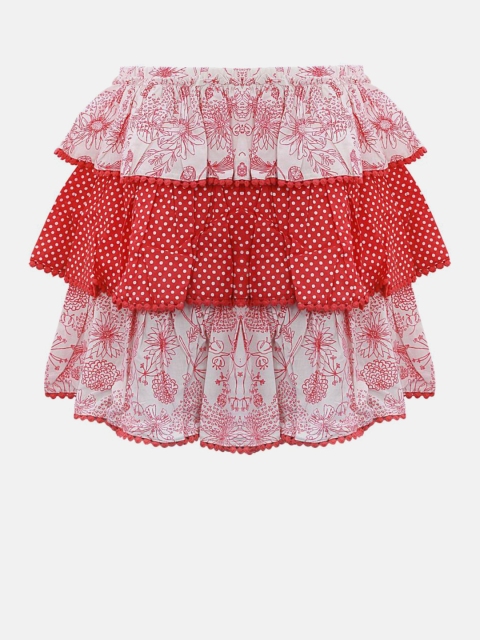 

Blue Giraffe Girls Red & Off-White Printed Tiered Pure Cotton Skirt