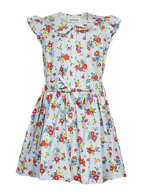 

Blue Giraffe Girls Off-White & Blue Floral Print Fit and Flare Dress with Striped Detail