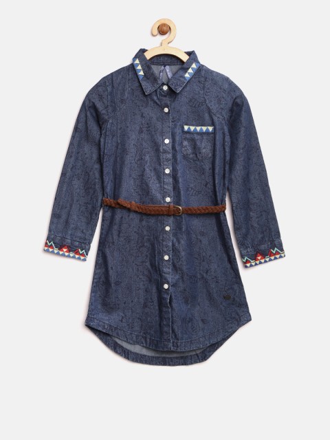 

Blue Giraffe Girls Navy Printed Denim Shirt Dress, Navy blue