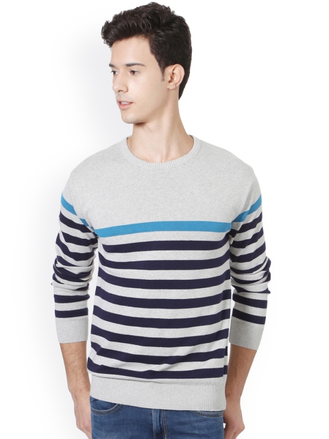 

People Men Grey & Blue Striped Pullover Sweater