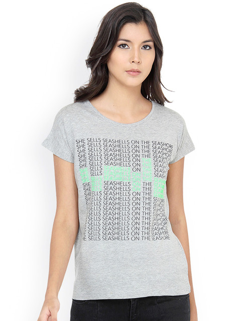 

Alibi Women Grey Melange Printed Round Neck T-shirt