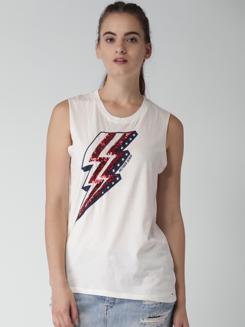 

Tommy Hilfiger Women Off-White Printed Round Neck T-shirt